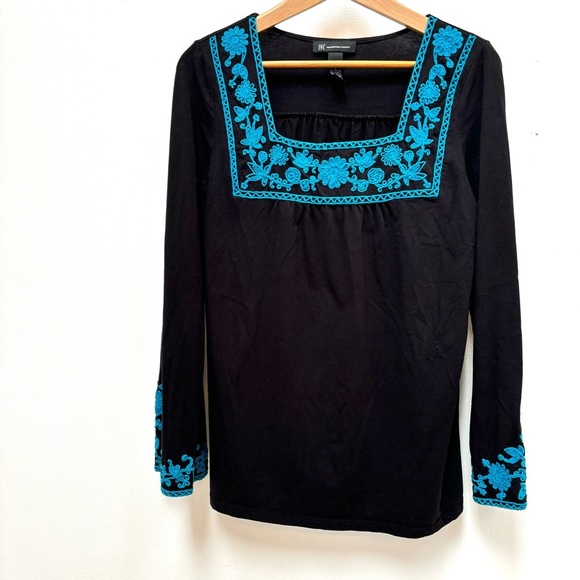 INC Floral Embroidered Square Neck Bell Sleeve Boho Cotton Tunic Black Large - Picture 6 of 6